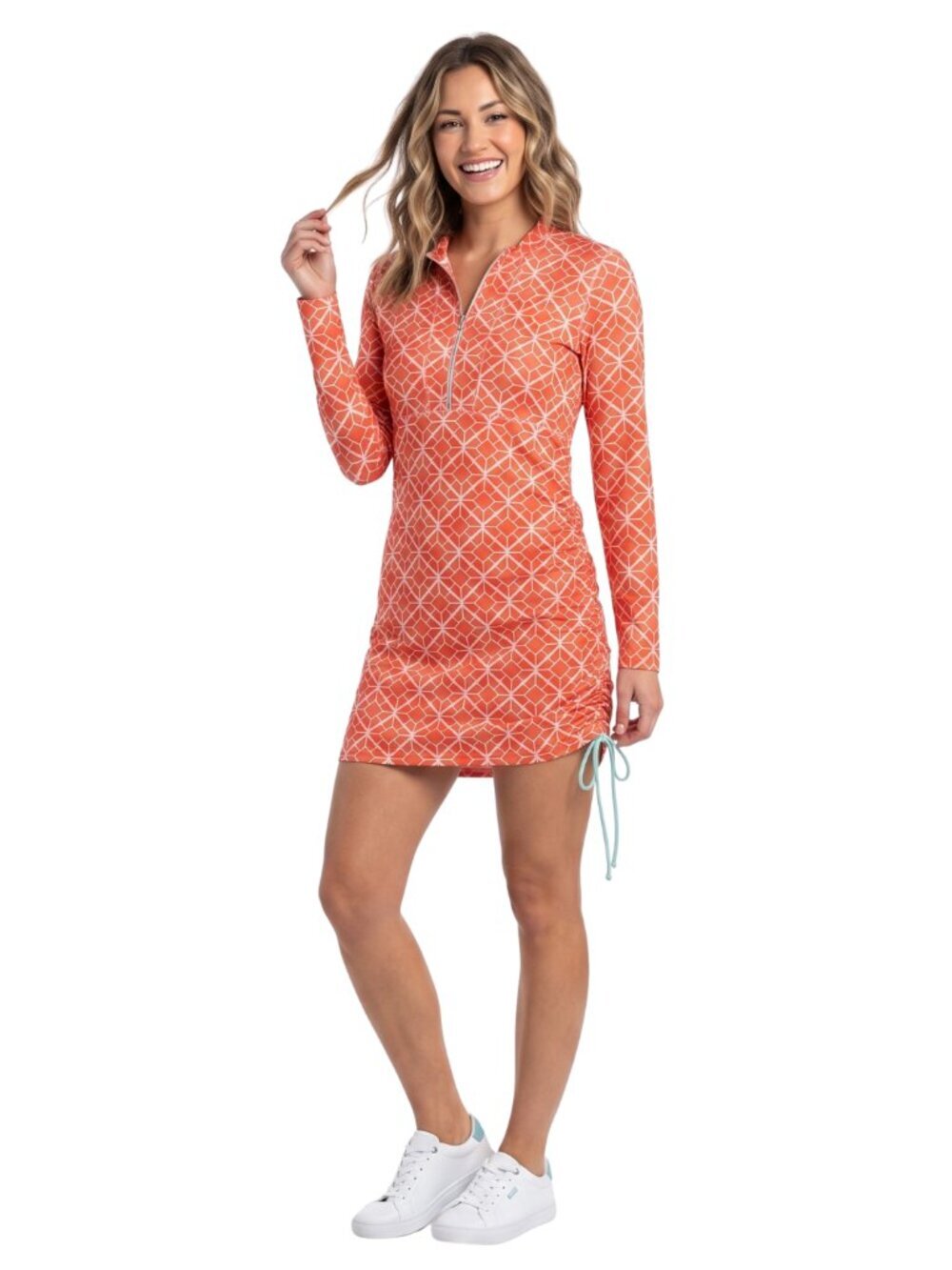 Reel Legends Geometric Print Dress M | Long Sleeve Zip Neck Drawstring Sides